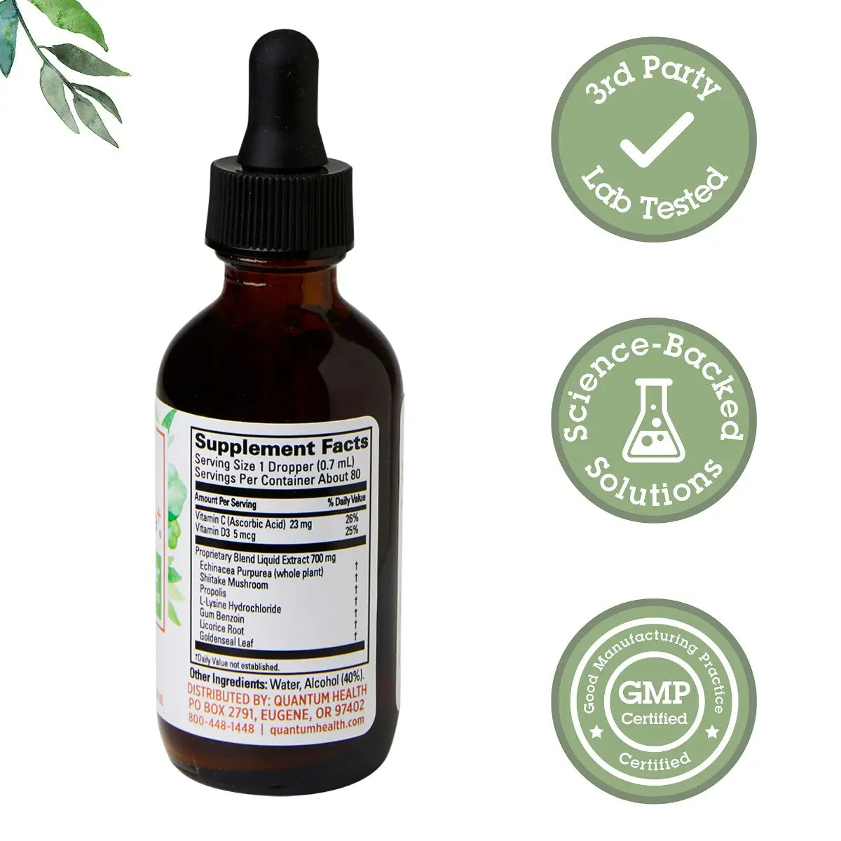 Bottle of supplement with dropper labeled '3rd Party Lab Tested', 'Science-Backed Solutions', and 'GMP Certified' on a white background.