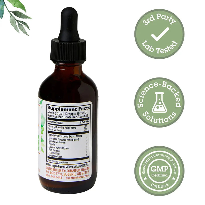 Bottle of supplement with dropper labeled '3rd Party Lab Tested', 'Science-Backed Solutions', and 'GMP Certified' on a white background.