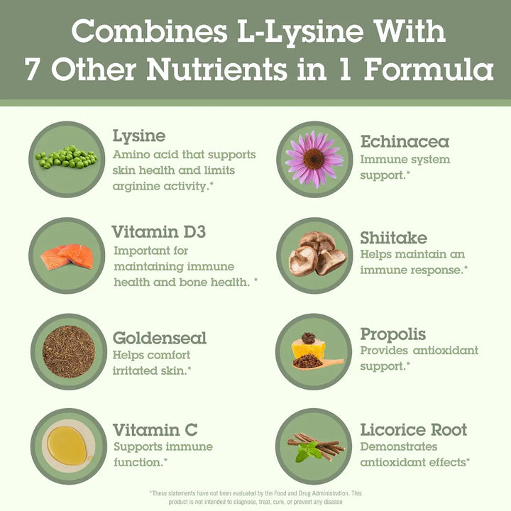 Nutritional supplement formula combining L-Lysine with 7 other nutrients on a green background.