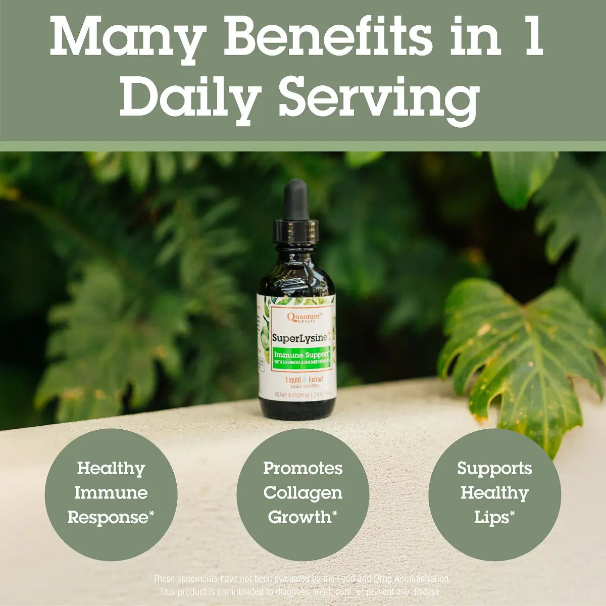Bottle of SuperLypnin with benefits listed on a green leafy background