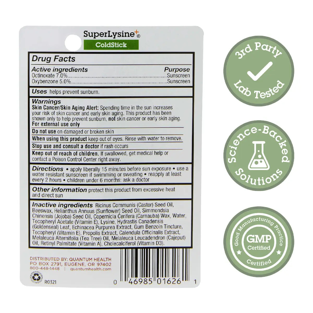 SuperLysine ColdStick sunscreen packaging with label and certification logos.