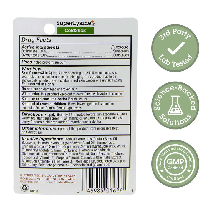 SuperLysine ColdStick sunscreen packaging with label and certification logos.