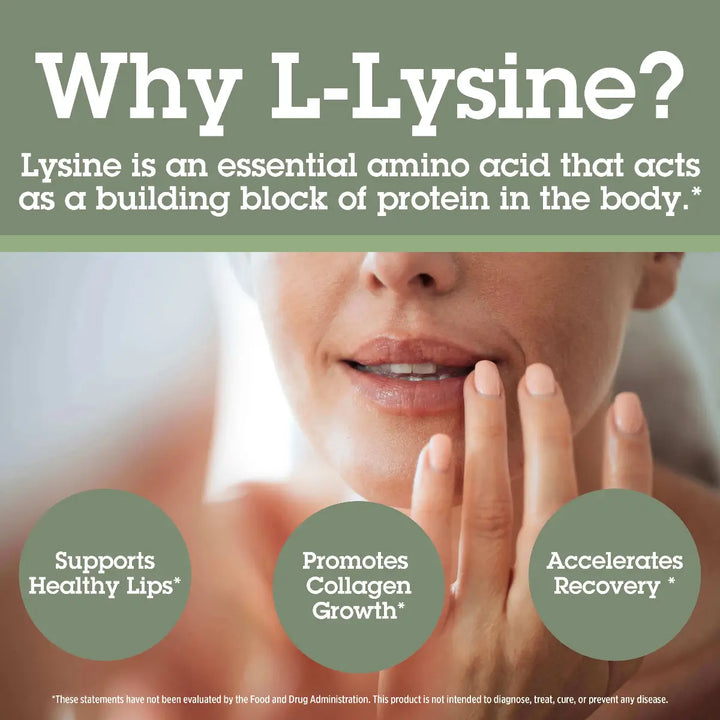 Promotional graphic about L-Lysine with text and a blurred image of a person.