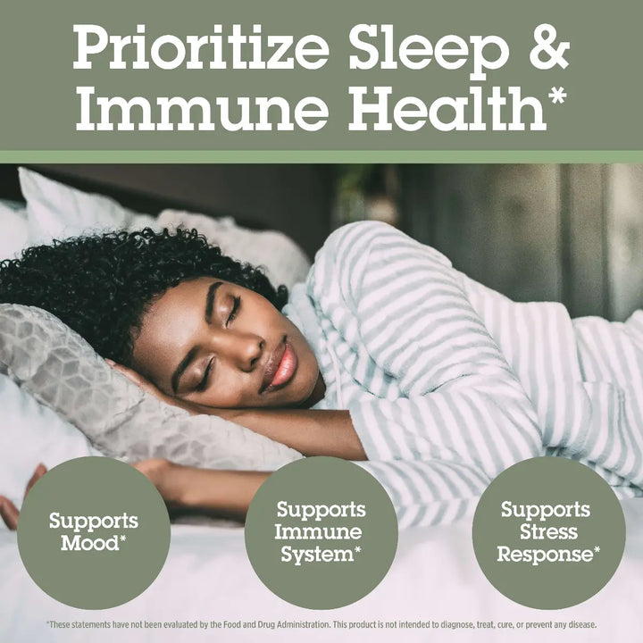 Woman sleeping in bed with text about prioritizing sleep and immune health.