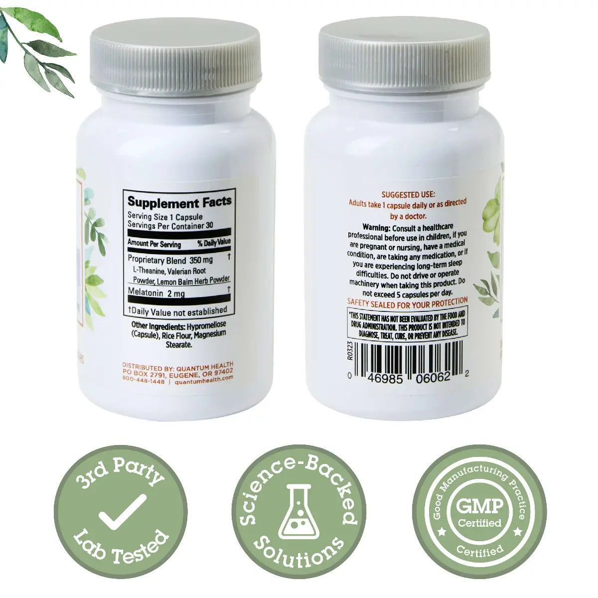 Two supplement bottles with labels and certification logos on a white background