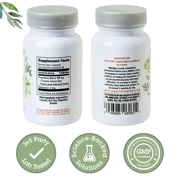 Two supplement bottles with labels and certification logos on a white background
