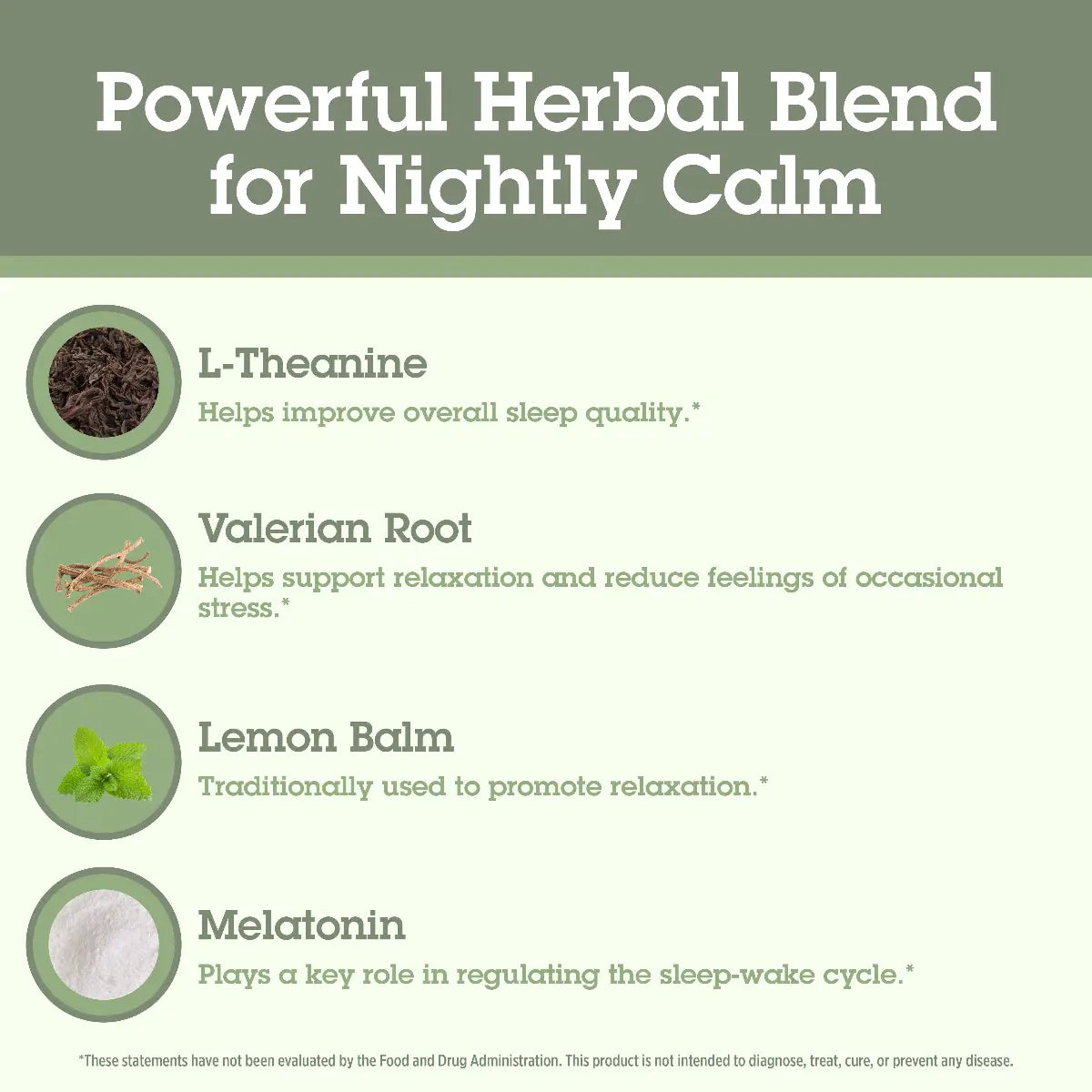 Herbal blend ingredients with their benefits on a green background