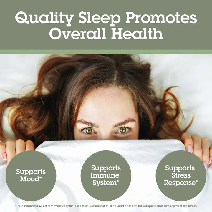 Woman lying in bed with text about quality sleep promoting health and its benefits.