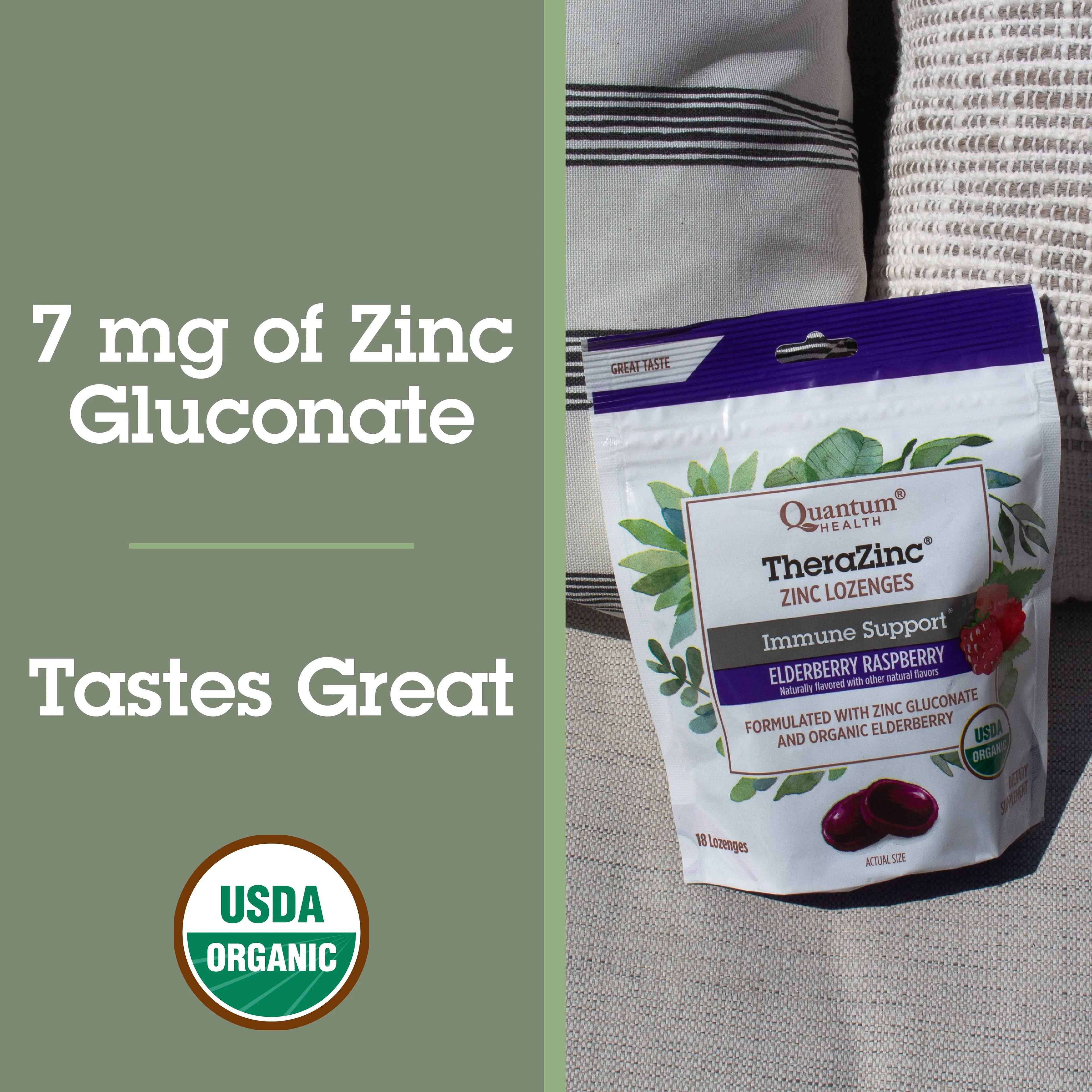 TheraZinc Zinc Lozenges packaging with USDA Organic label on a gray background