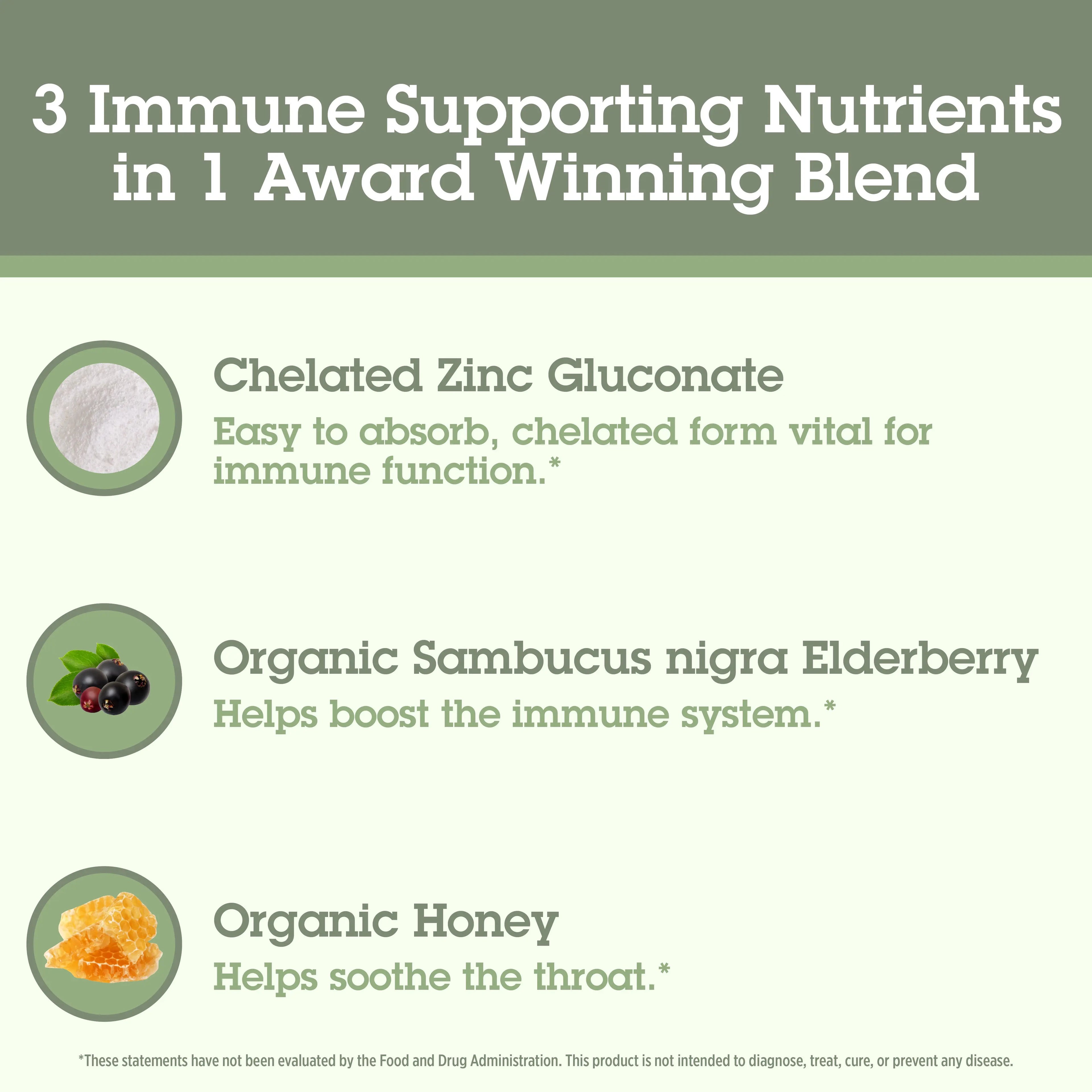 List of immune supporting nutrients with images and descriptions on a green background