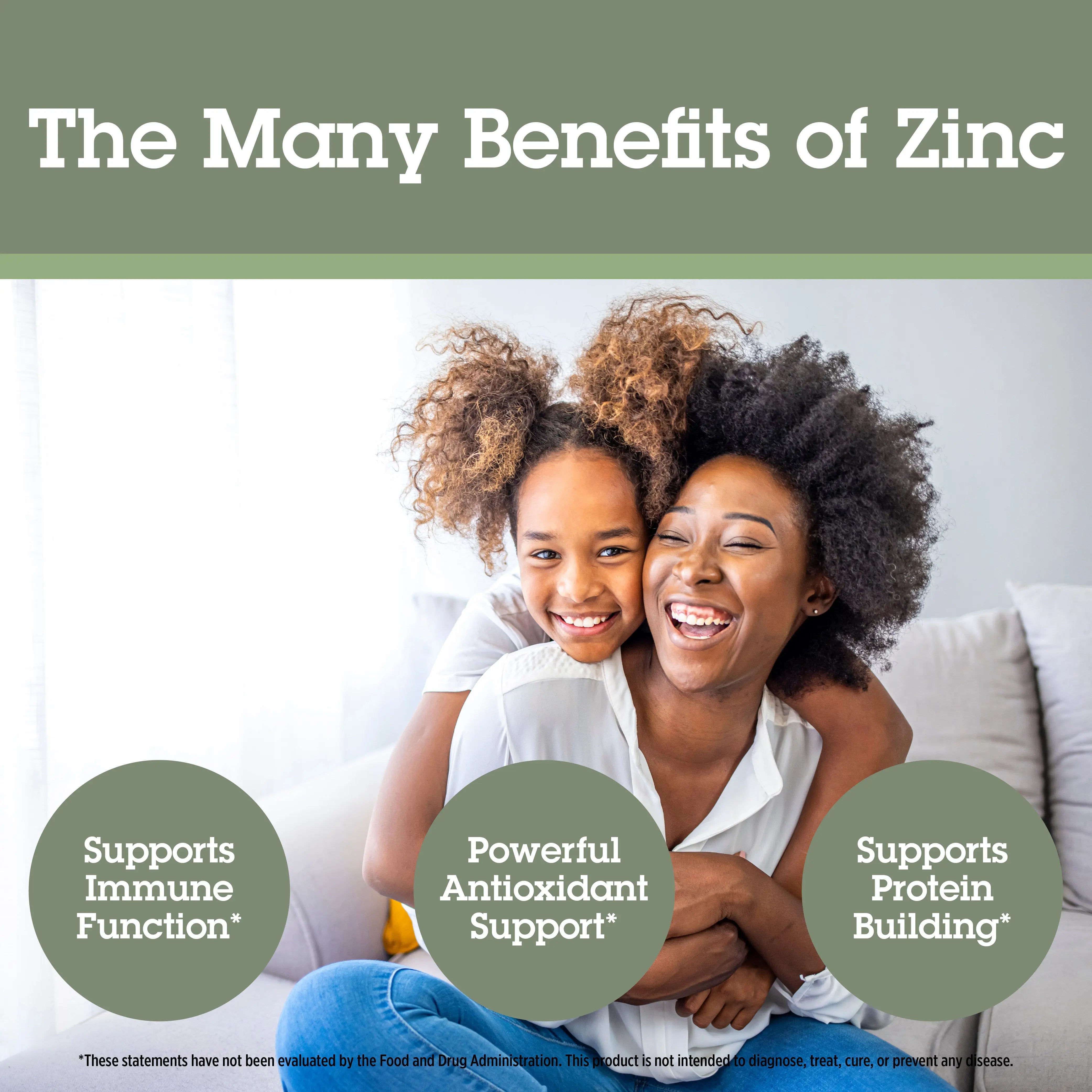 Two women hugging with text about the benefits of zinc on a light background