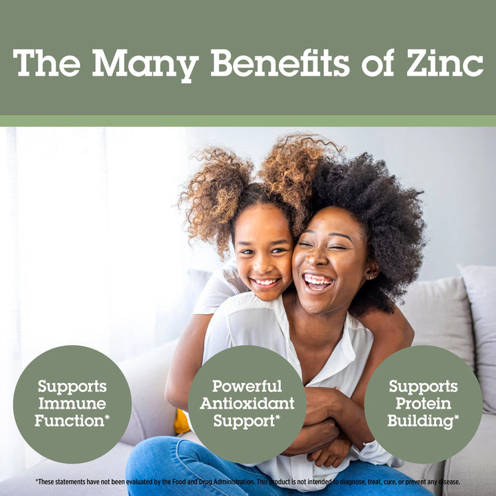 Two women hugging with text about the benefits of zinc on a light background