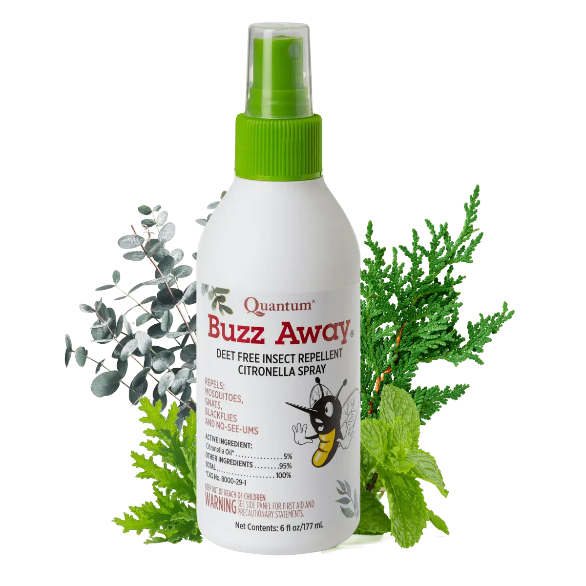 Quantum Buzz Away Buzz Away insect repellent spray bottle with green sprayer top on a white background with greenery.