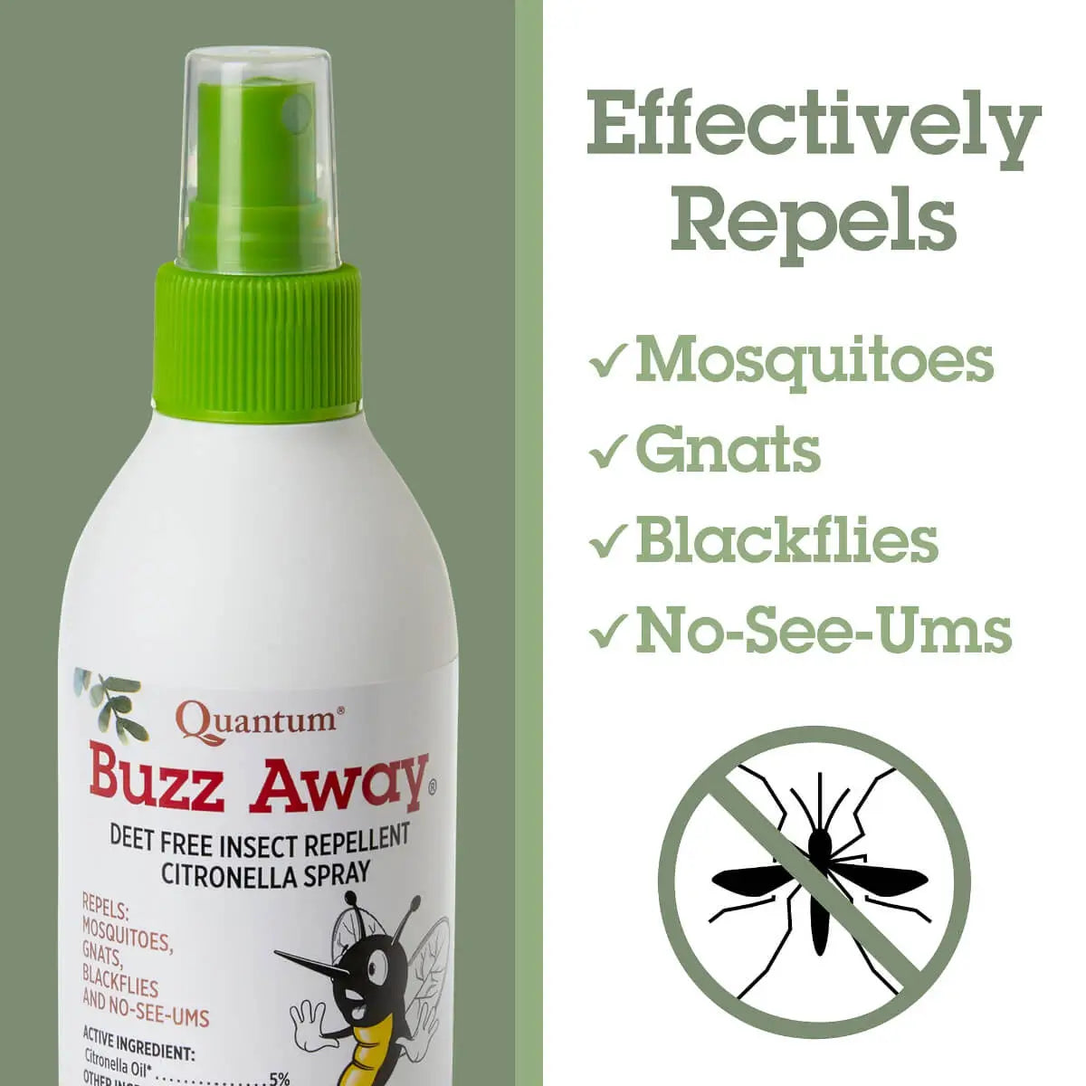 Quantum Buzz Away insect repellent spray bottle with text on a green and white background