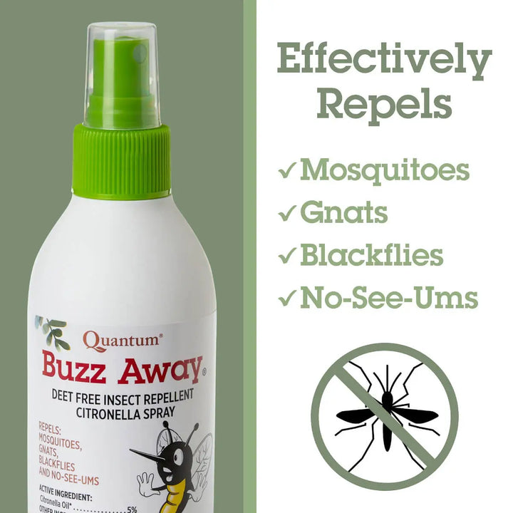 Quantum Buzz Away insect repellent spray bottle with text on a green and white background