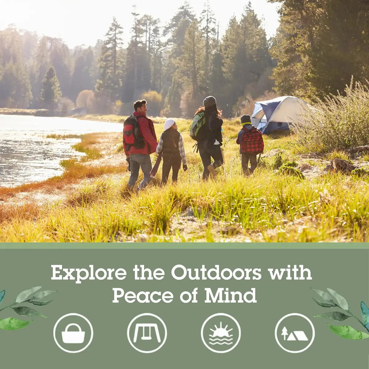 Family hiking near a lake with camping gear, promoting outdoor exploration.