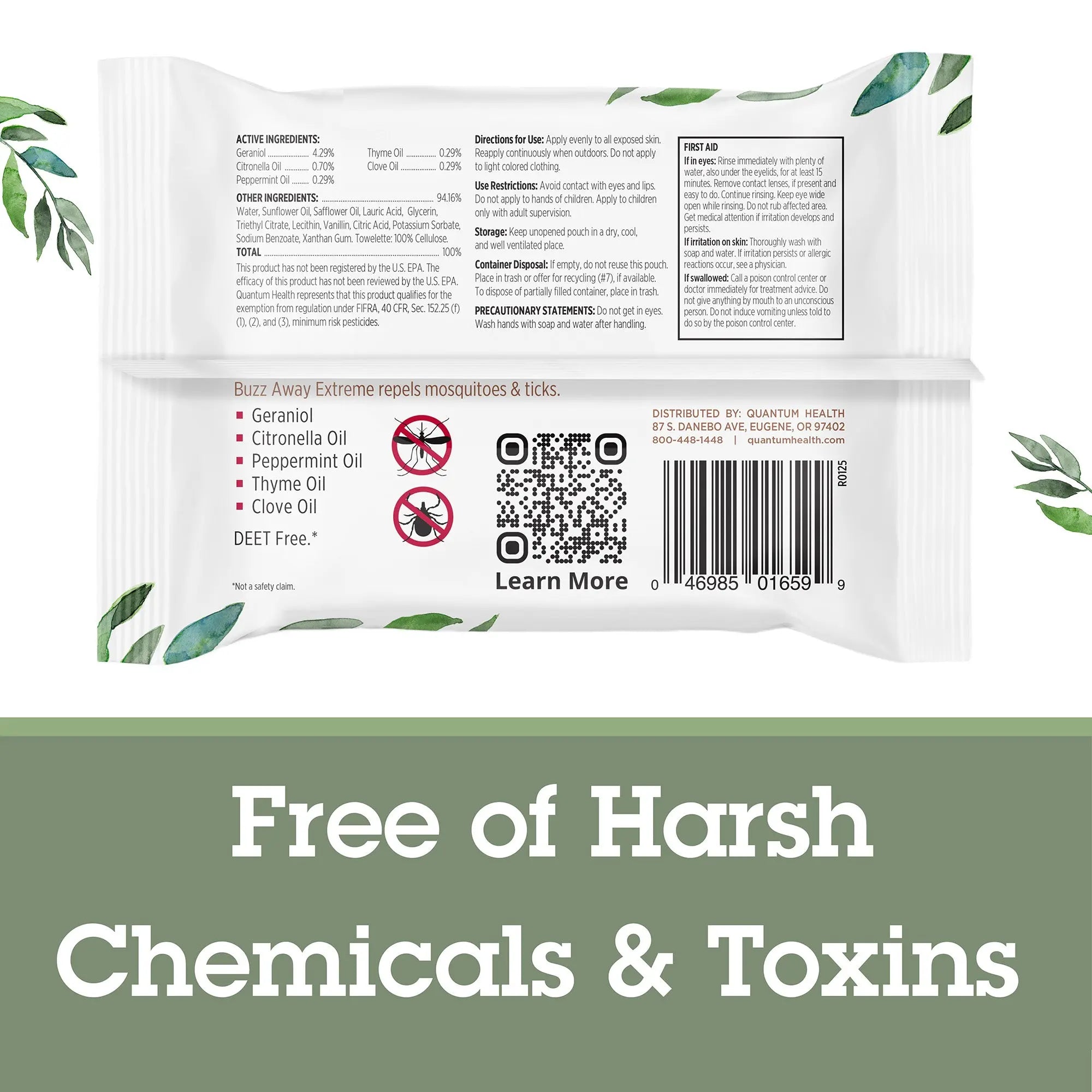 Product packaging with text 'Free of Harsh Chemicals & Toxins' on a green background