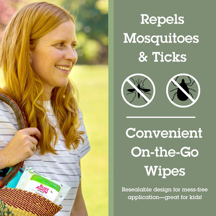 Woman holding mosquito repellent wipes with text on a green background