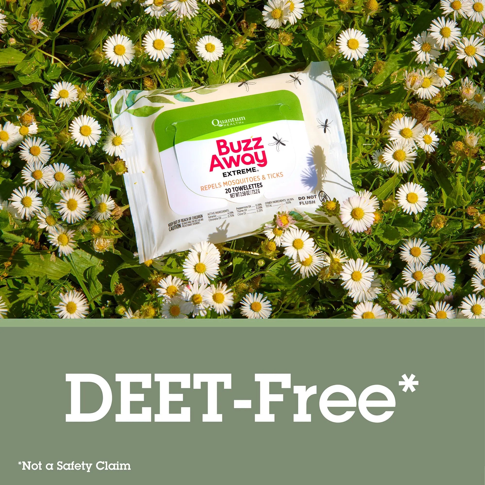 Buzz Away DEET-Free insect repellent packets on grass with daisies, labeled as 'Not a Safety Claim'.