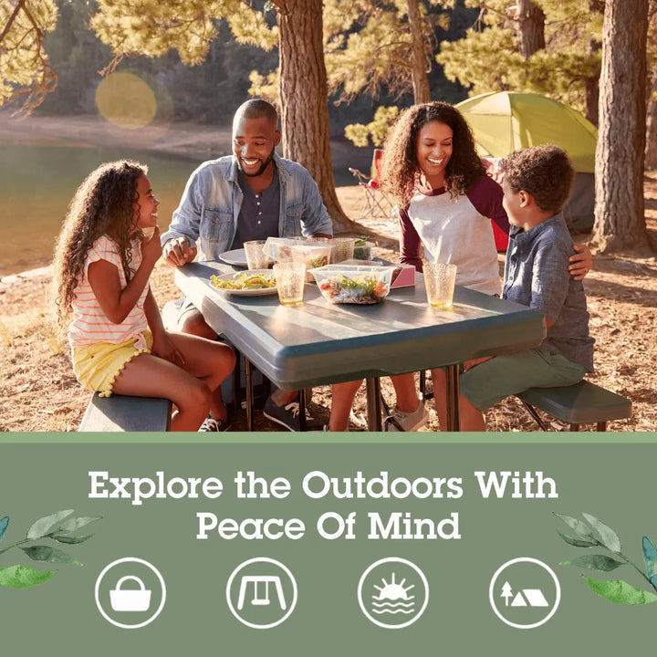 Family sitting at a picnic table by a lake with text 'Explore the Outdoors with Peace of Mind'.