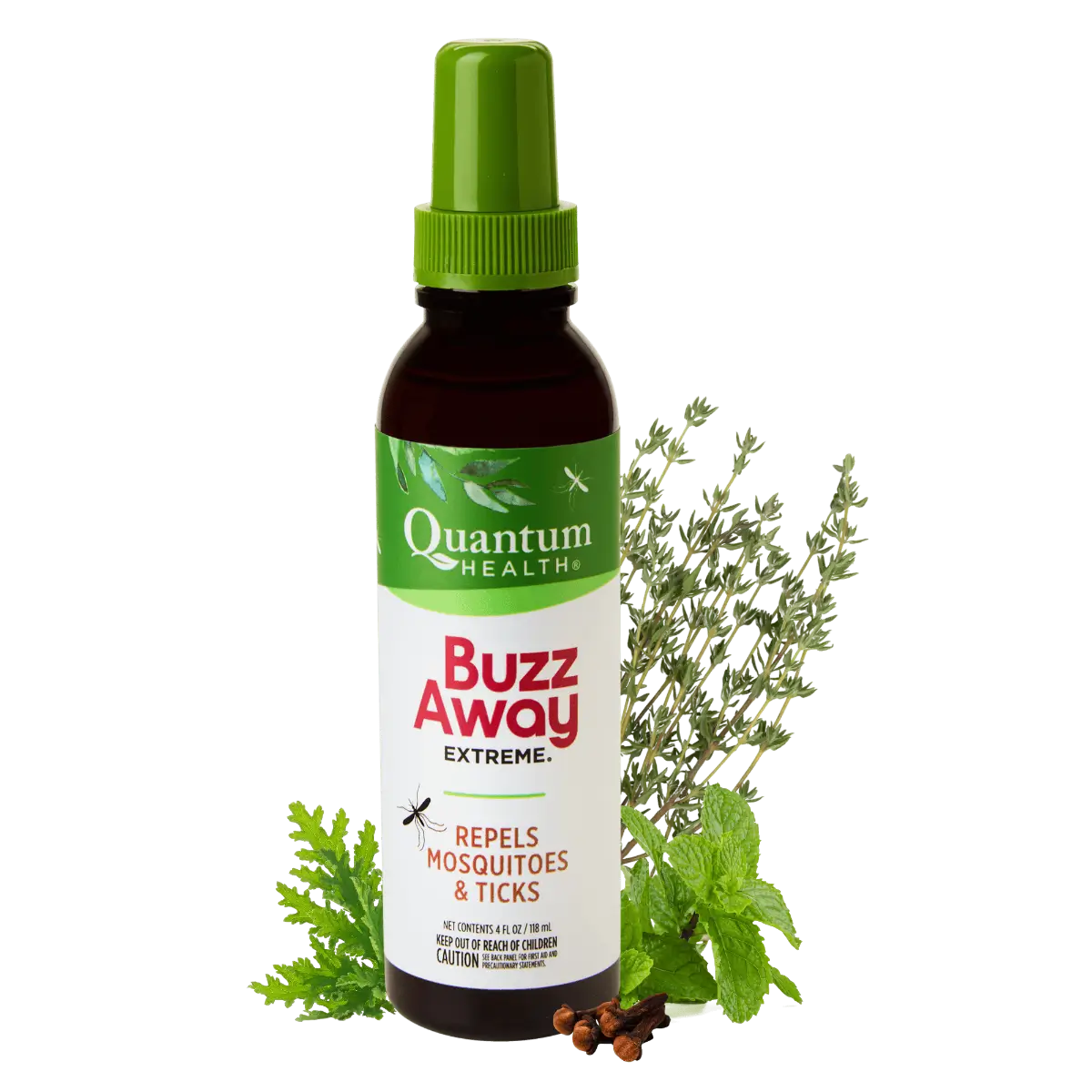 Bottle of Quantum Health Buzz Away Extreme with green leaves on a white background