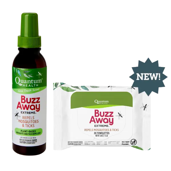 Quantum Health Buzz Away Extreme product packaging including a spray bottle and wipes on a white background.