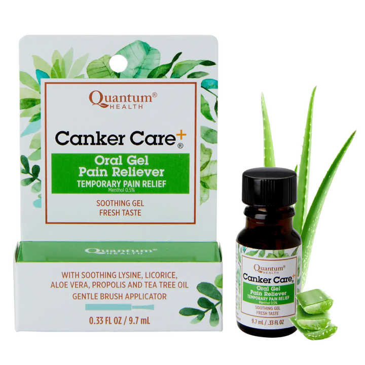 Quantum Health Canker Care Oral Gel packaging and bottle with aloe vera illustration on a white background