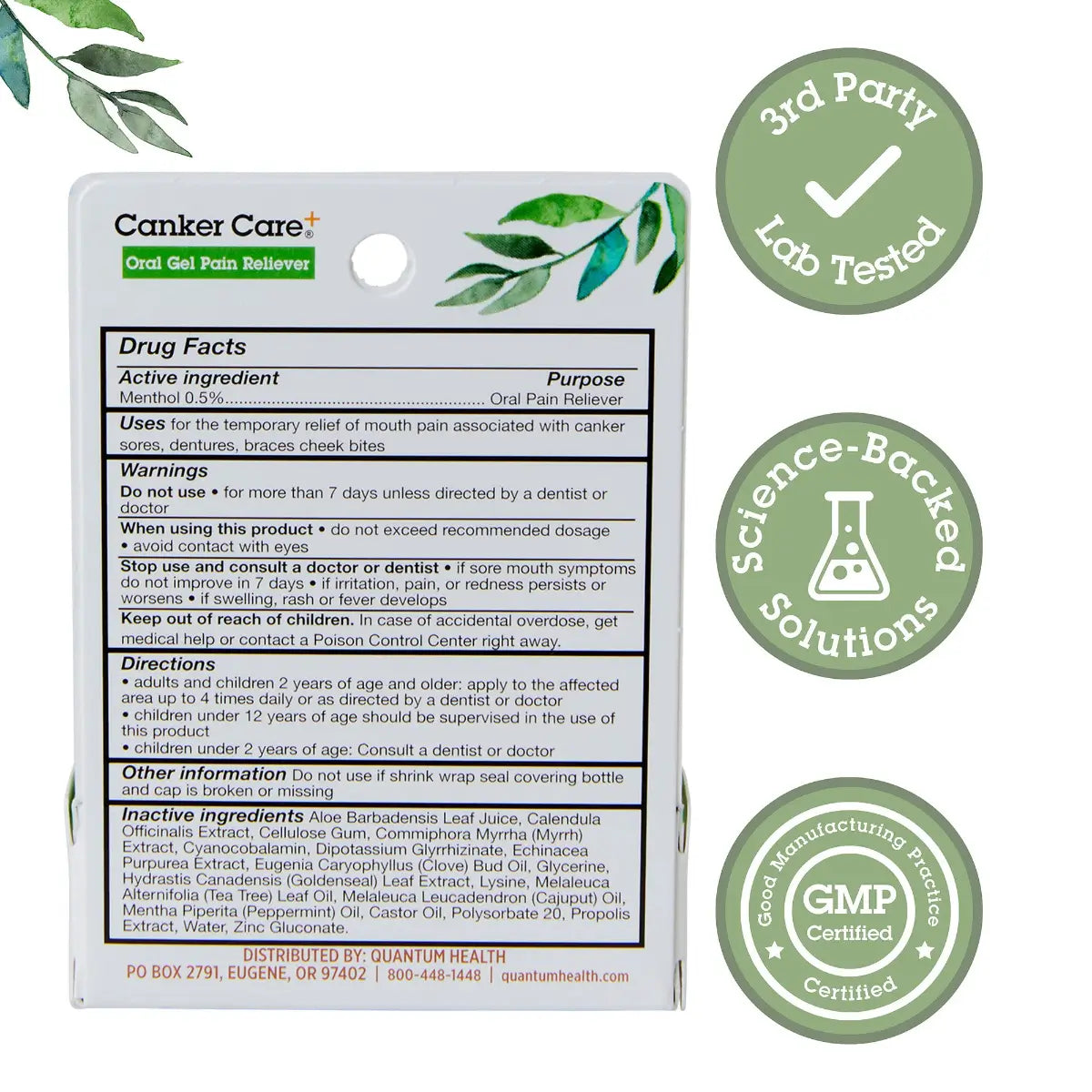 Canker Care packaging with labels indicating 3rd party lab testing, science-backed solutions, and GMP certification.