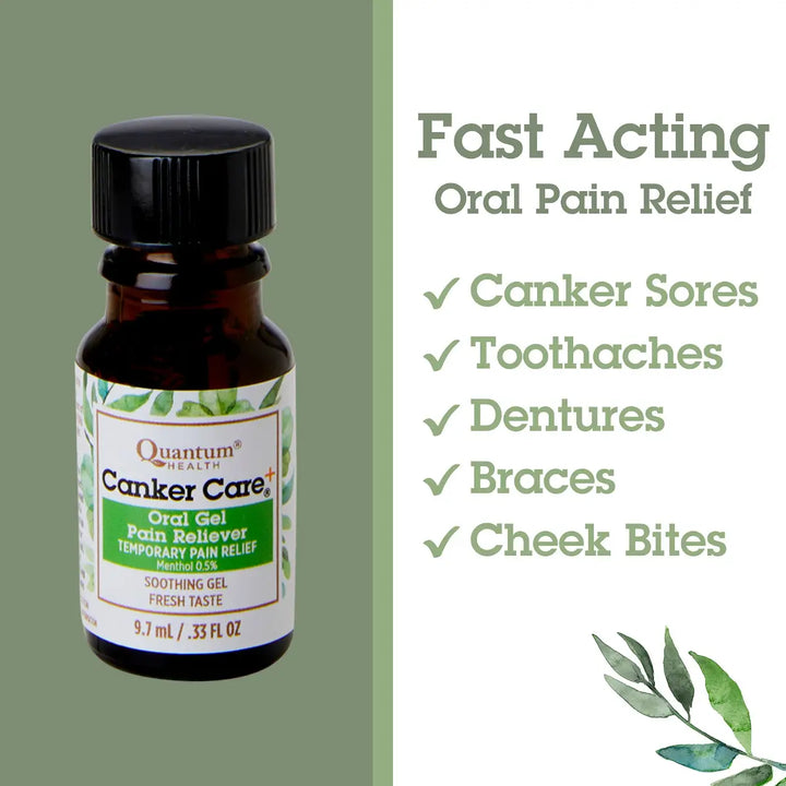 Bottle of Canker Care Oral Pain Reliever with product features listed on a green and white background