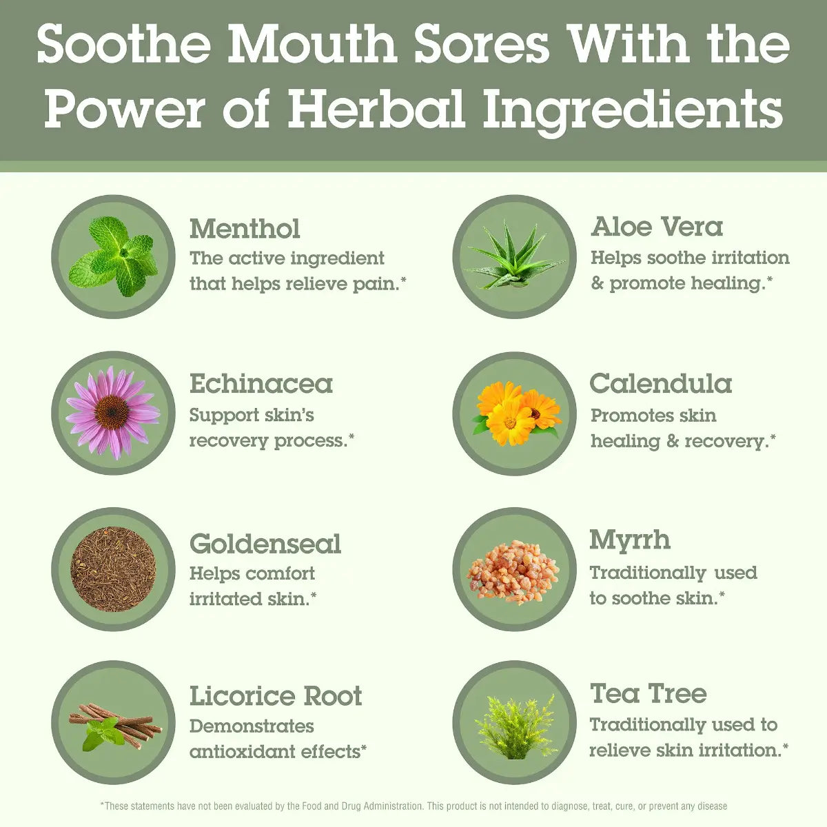 Herbal ingredients for soothing mouth sores with corresponding benefits.