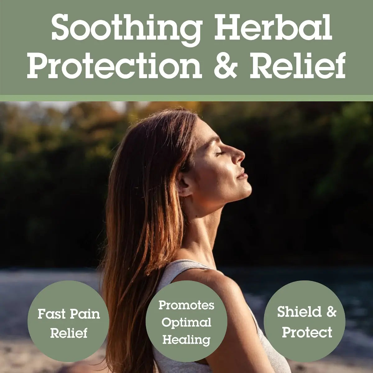Woman with eyes closed on a beach, text about soothing herbal protection and relief.