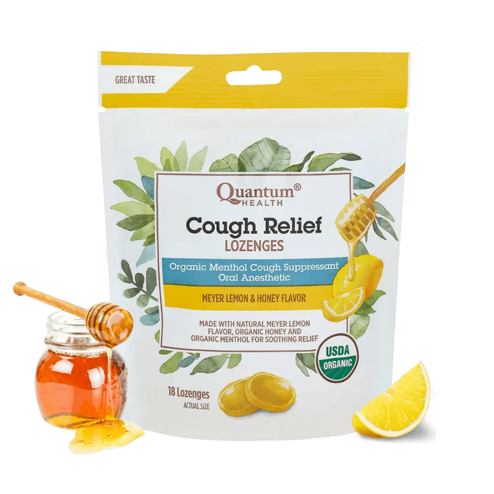 Quantum Health Cough Relief Lozenges packaging with honey and lemon on a white background