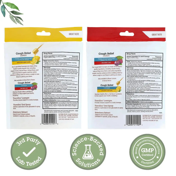 Two packages of cough relief medication with certification logos at the bottom.