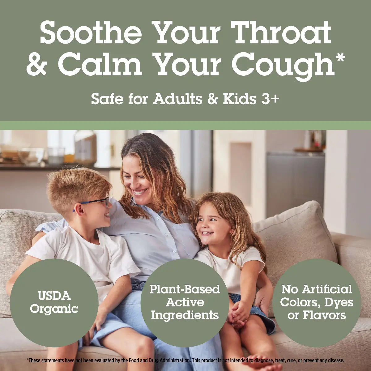 Woman with two children on a couch, with text about a product for soothing throats and calming coughs.