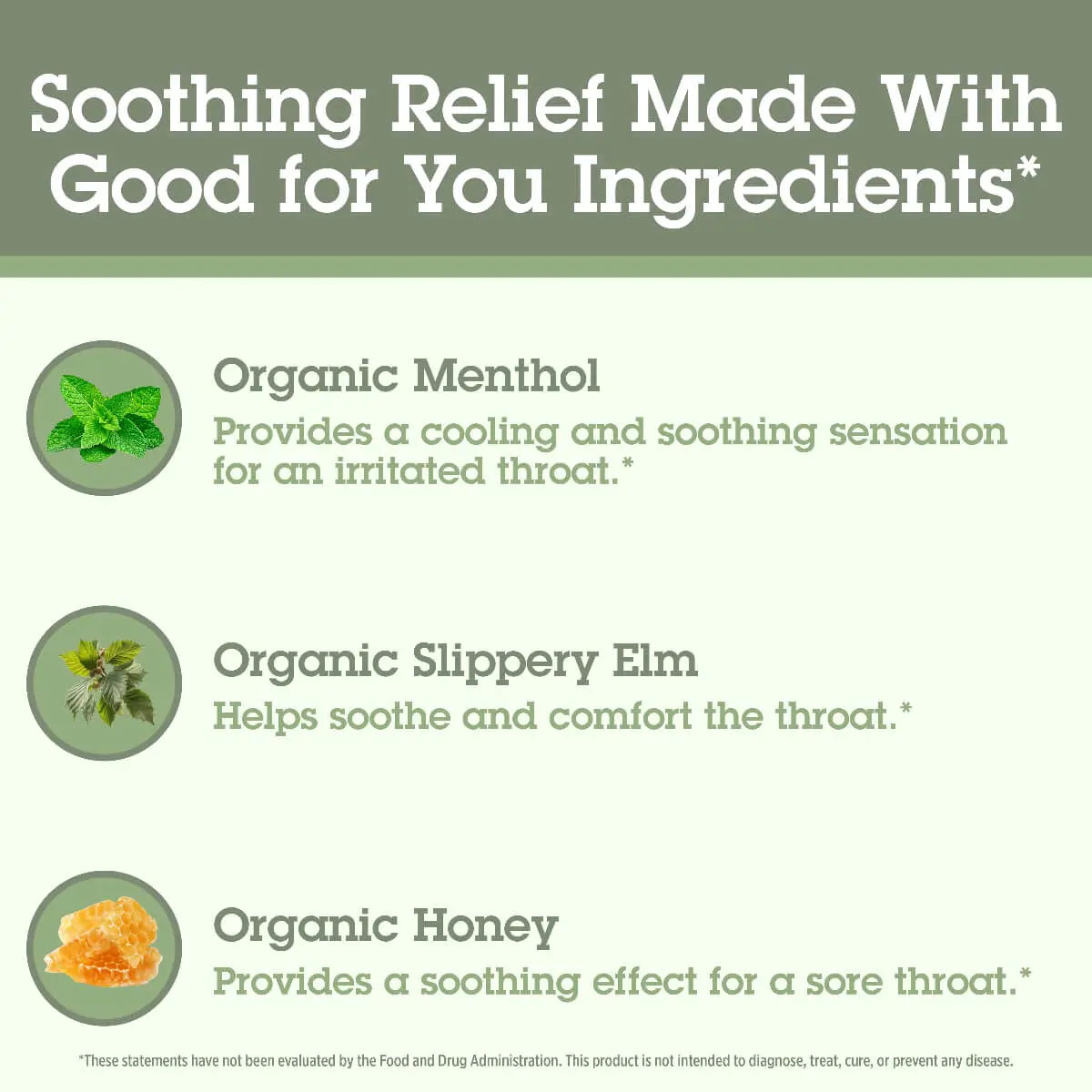 Cough Relief with soothing ingredients like organic menthol, slippery elm, and honey on a green background.