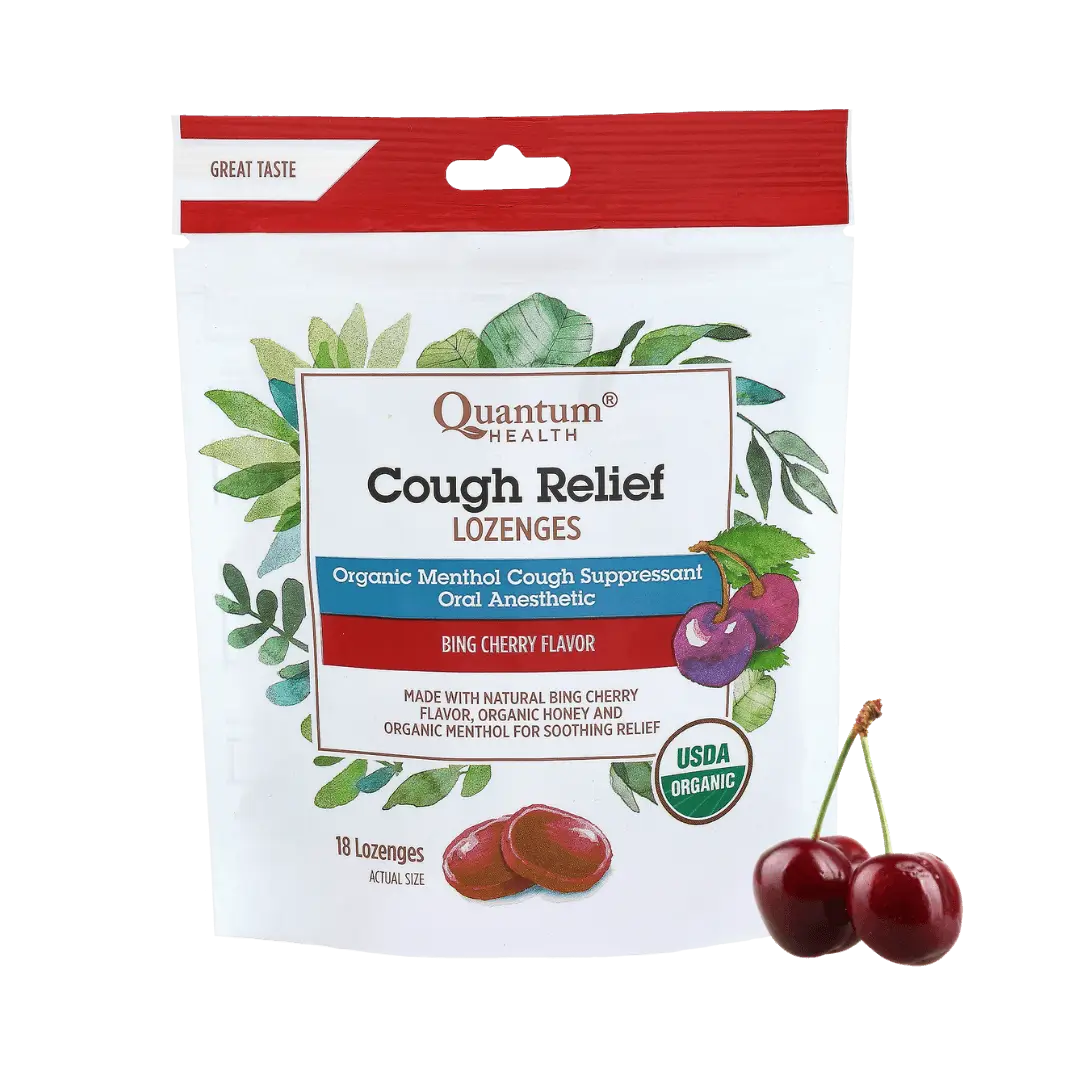 Quantum Health Cough Relief Lozenges packaging with cherry illustration on a white background