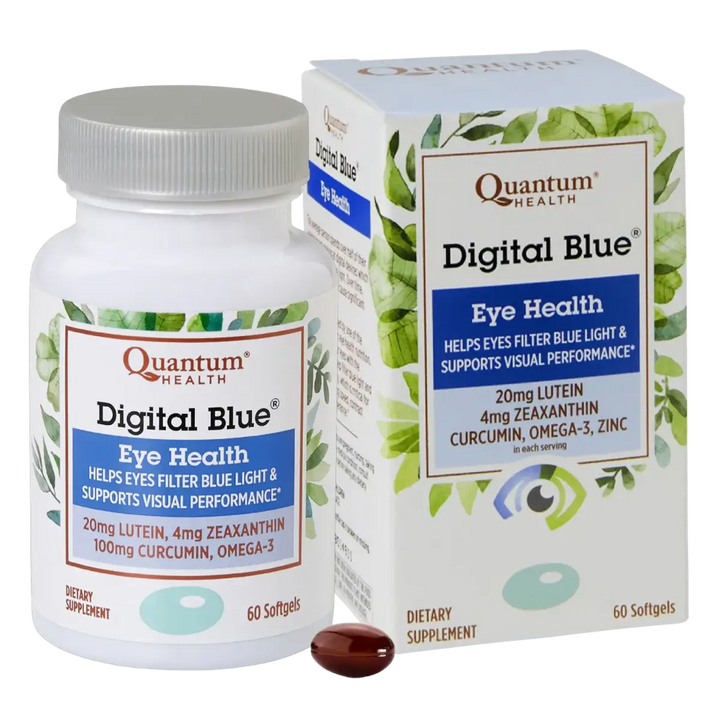 Quantum Health Digital Blue Eye Health supplement bottle and packaging on a white background