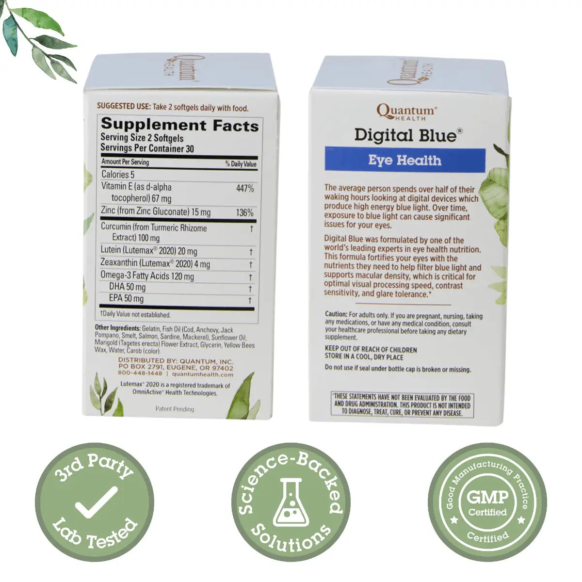Two boxes of Quantum Health Digital Blue Eye Health supplement with certification logos on a white background.