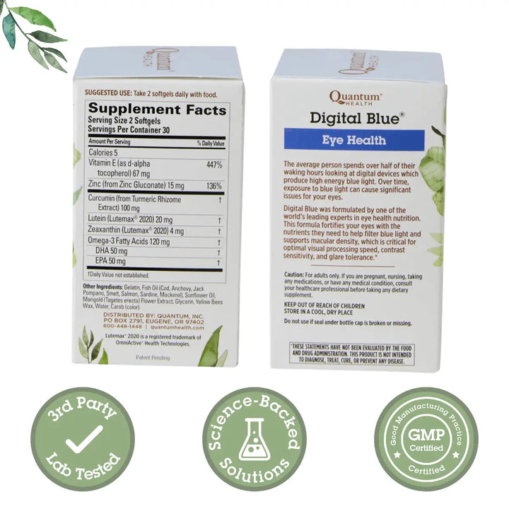 Two boxes of Quantum Health Digital Blue Eye Health supplement with certification logos on a white background.