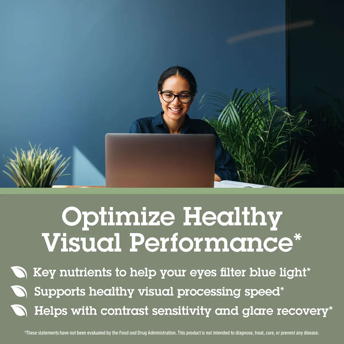 Person using a laptop with text about optimizing healthy visual performance on a green banner.