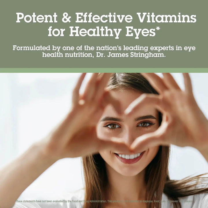 Woman making a heart shape with her hands over her eyes, with text about potent and effective vitamins for healthy eyes formulated by Dr James Stingham