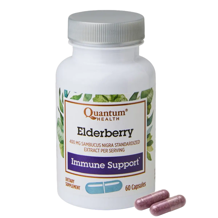 Quantum Health Elderberry immune support supplement bottle with capsules on a white background