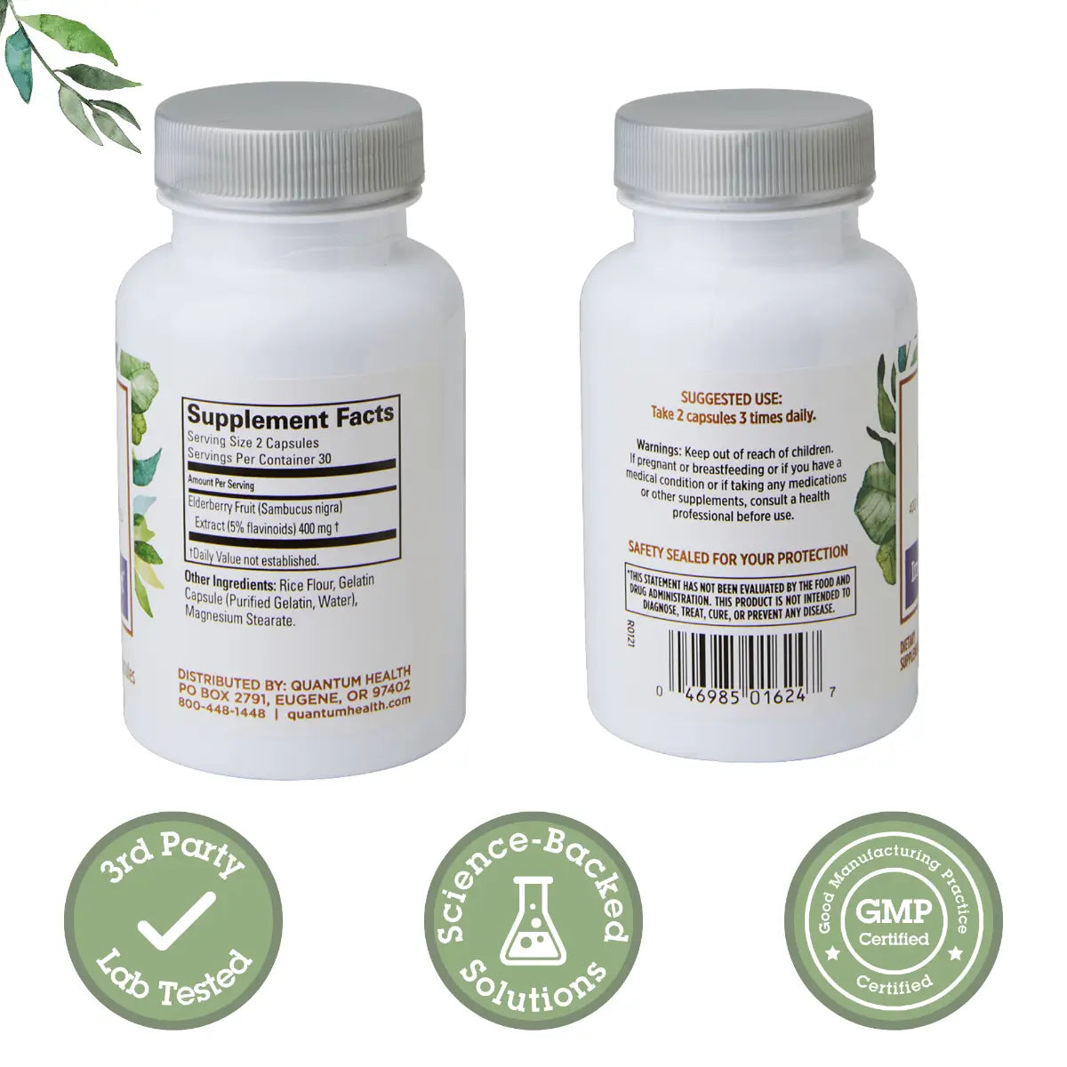 Two supplement bottles with labels and certification logos on a white background