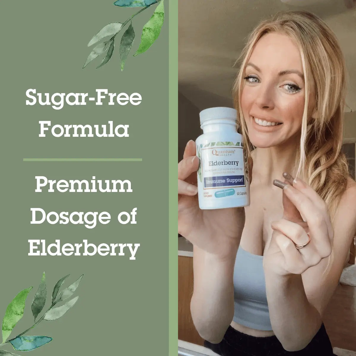 Woman holding a bottle of elderberry supplement with text about a sugar-free formula and premium dosage.