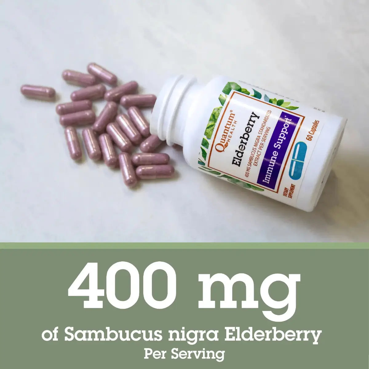 Bottle of Quantum Health Elderberry Immune Support with purple capsules on a light background 400mg of elderberry per serving