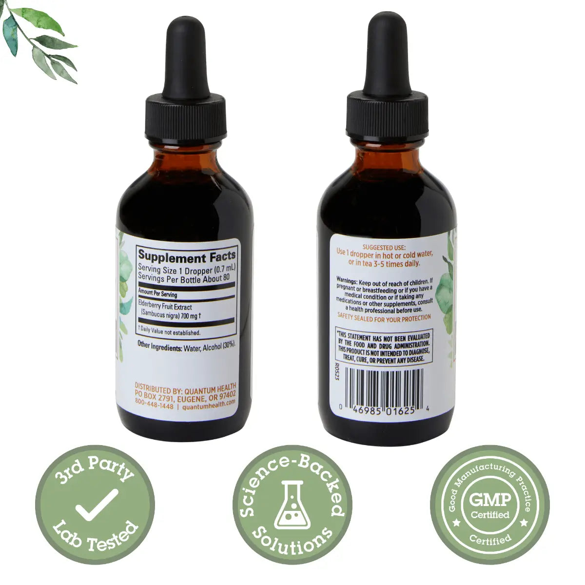 Two bottles of a supplement with labels and certification logos on a white background