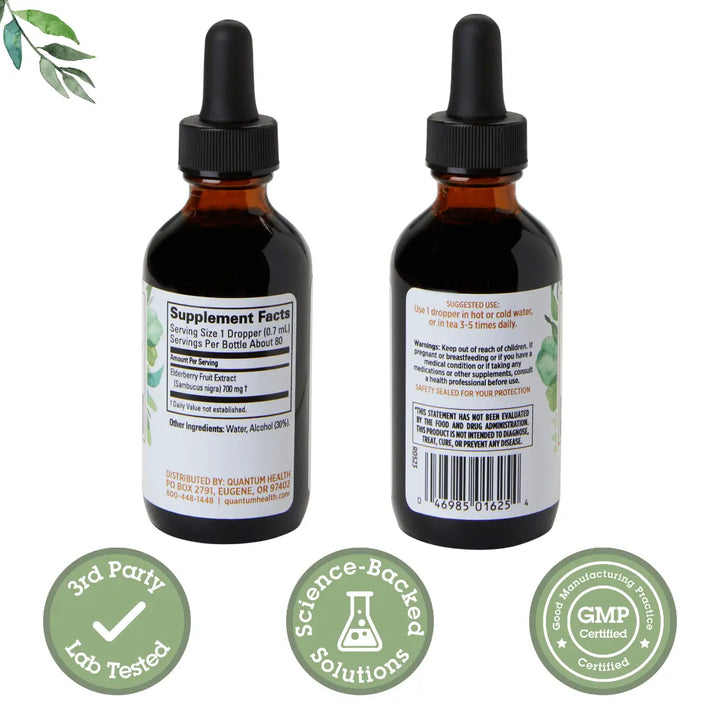 Two bottles of a supplement with labels and certification logos on a white background