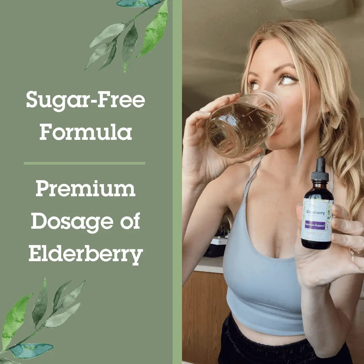 Woman drinking a liquid supplement with text about a sugar-free elderberry formula.