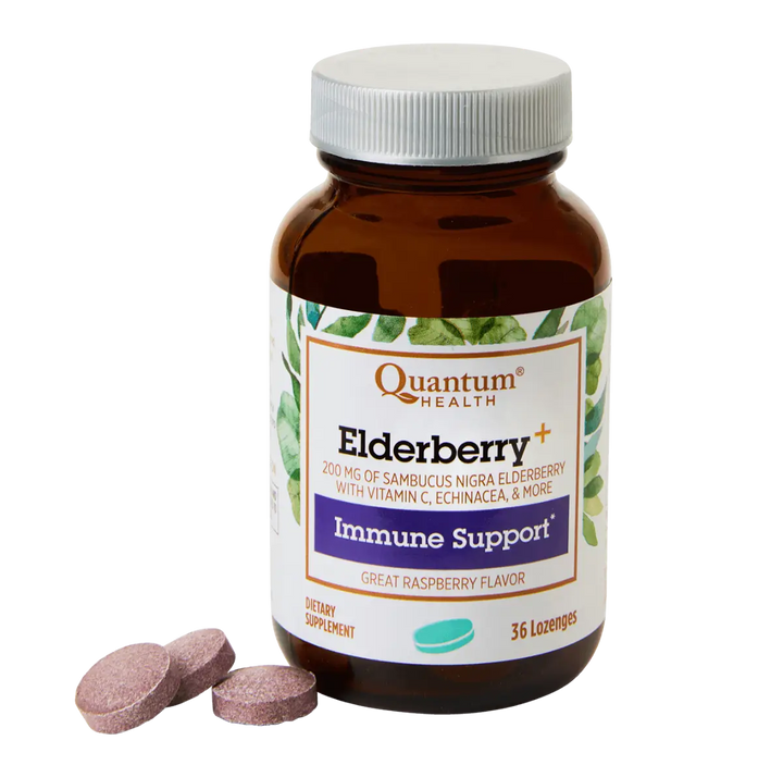 Bottle of Quantum Health Elderberry immune support lozenges on a white background