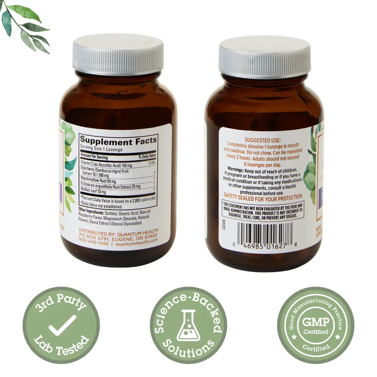 Two supplement bottles with labels on a white background, featuring certification logos.
